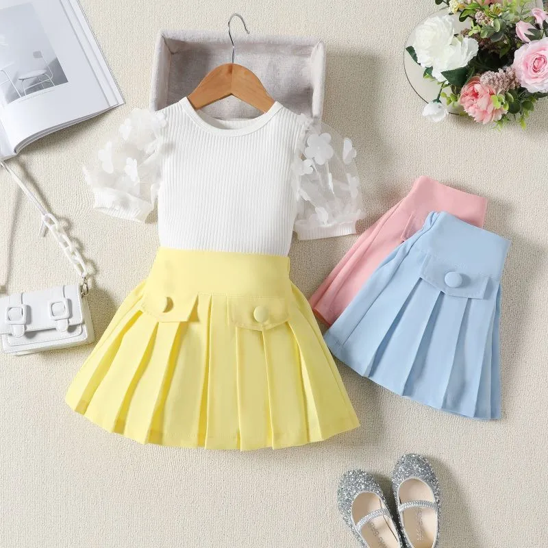 Kids Toddler Girls Fashion Casual Sweet Solid Color Puff Sleeve Round Neck Top Skirt Set