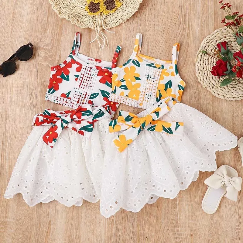 Kids Toddler Girls Casual Cute Sweet Floral Print Vest Skirt Set Sleeveless Pullover Skirt Suit