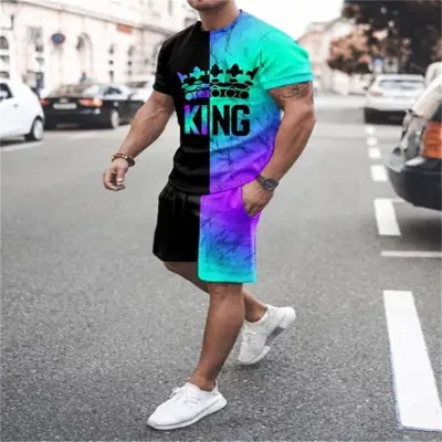 Men Casual 3D Print Plus Size Short Sleeve T-Shirt and Shorts Set