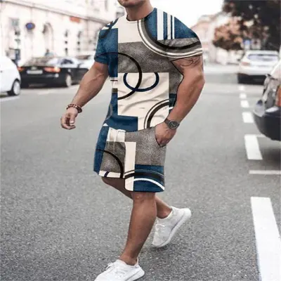Men Casual 3D Print Plus Size Short Sleeve T-Shirt and Shorts Set