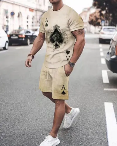 Men Fashion Casual Versatile 3D Print Plus Size Short Sleeve Round Neck T-Shirt Shorts Set