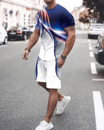 Men Fashion Casual Versatile 3D Print Plus Size Short Sleeve Round Neck T-Shirt Shorts Set