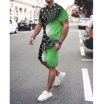 Men Fashion Casual Versatile 3D Print Plus Size Short Sleeve Round Neck T-Shirt Shorts Set