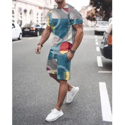 Men Fashion Casual Versatile 3D Print Plus Size Short Sleeve Round Neck T-Shirt Shorts Set