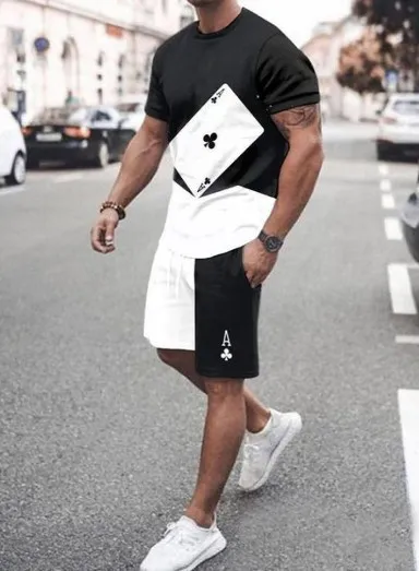 Men Fashion Casual Versatile 3D Print Plus Size Short Sleeve Round Neck T-Shirt Shorts Set