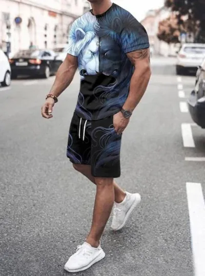 Men Fashion Casual Versatile 3D Print Plus Size Short Sleeve Round Neck T-Shirt Shorts Set