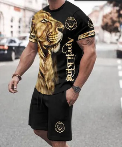Men Fashion Casual Versatile 3D Print Plus Size Short Sleeve Round Neck T-Shirt Shorts Set