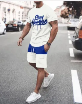 Men Fashion Casual Versatile 3D Print Plus Size Short Sleeve Round Neck T-Shirt Shorts Set