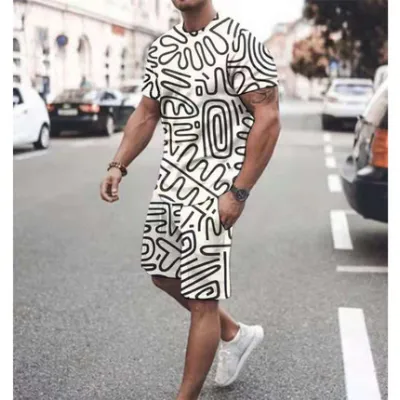 Men Fashion Casual Versatile 3D Print Plus Size Short Sleeve Round Neck T-Shirt Shorts Set