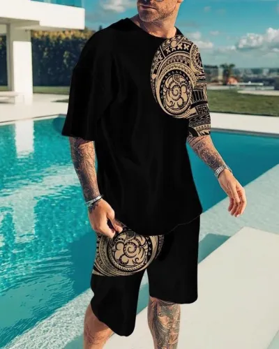 Men Fashion Casual Versatile 3D Print Plus Size Short Sleeve Round Neck T-Shirt Shorts Set