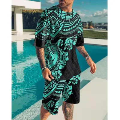 Men Fashion Casual Versatile 3D Print Plus Size Short Sleeve Round Neck T-Shirt Shorts Set