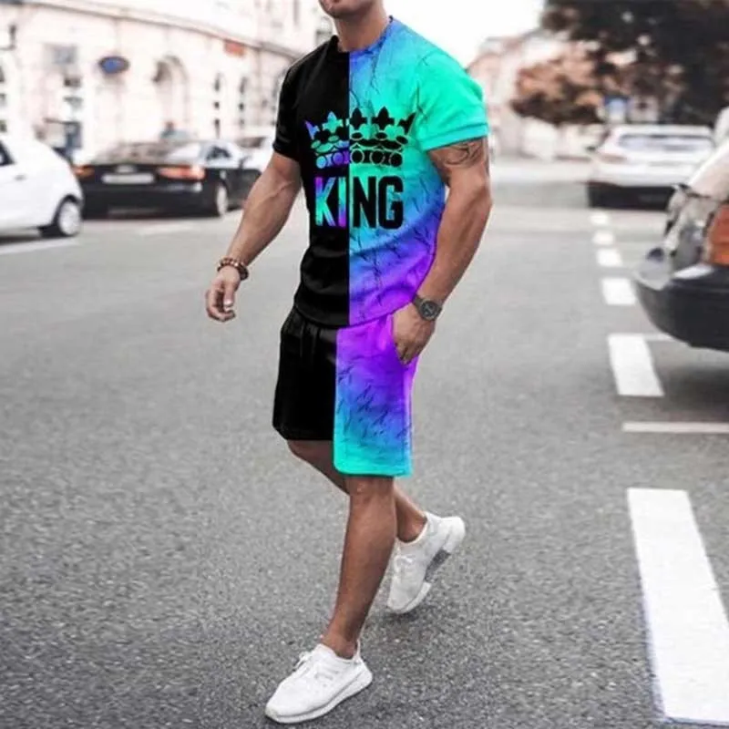 Men Fashion Casual Versatile 3D Print Plus Size Short Sleeve Round Neck T-Shirt Shorts Set