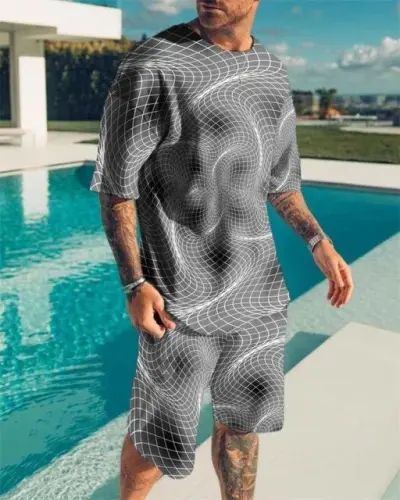 Men Fashion Casual 3D Print Plus Size Short Sleeve Round Neck T-Shirt Shorts Set