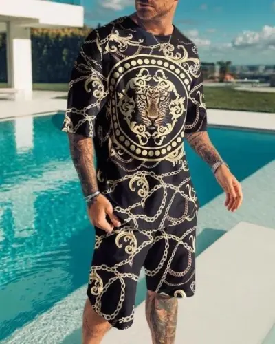 Men Fashion Casual 3D Print Plus Size Short Sleeve Round Neck T-Shirt Shorts Set