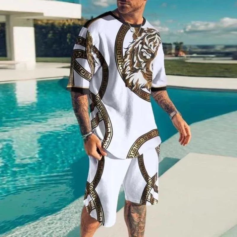 Men Fashion Casual 3D Print Plus Size Short Sleeve Round Neck T-Shirt Shorts Set