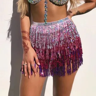 Mardi Gras Women Carnival Belly Dance Performance Costume Sequins Tassel Waist Towel