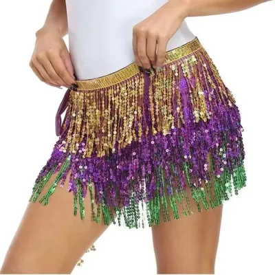 Mardi Gras Women Carnival Belly Dance Performance Costume Sequins Tassel Waist Towel