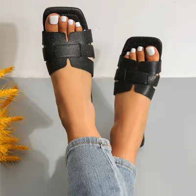 Women Solid Color Square Toe Flat Slippers Plus Size Casual