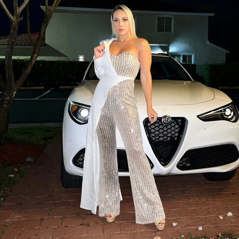 Women Fashion Silver Stitching One Shoulder Sequin Party Jumpsuit