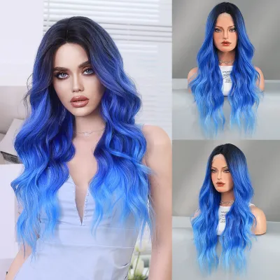 Women Fashion Purple Highlights Wave Long Curly Wig