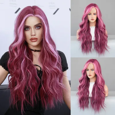 Women Fashion Purple Highlights Wave Long Curly Wig