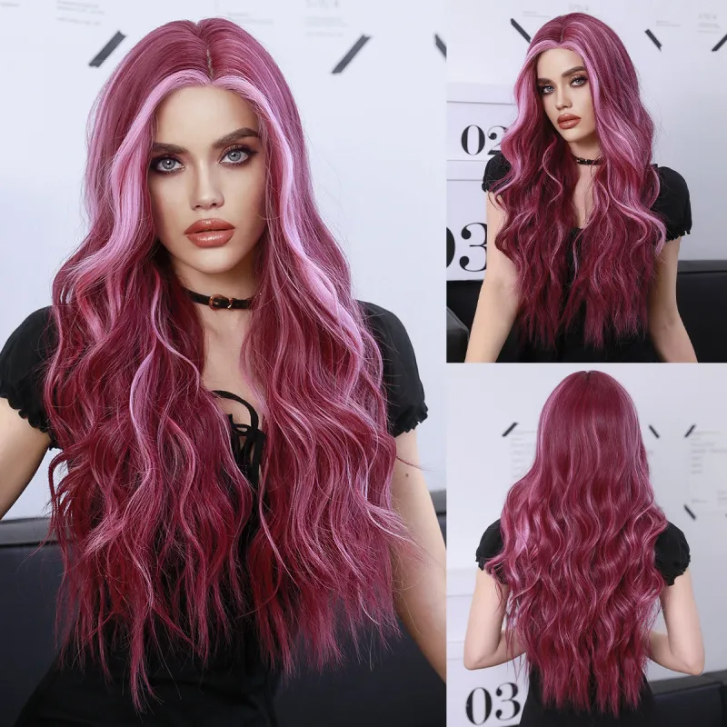 Women Fashion Purple Highlights Wave Long Curly Wig