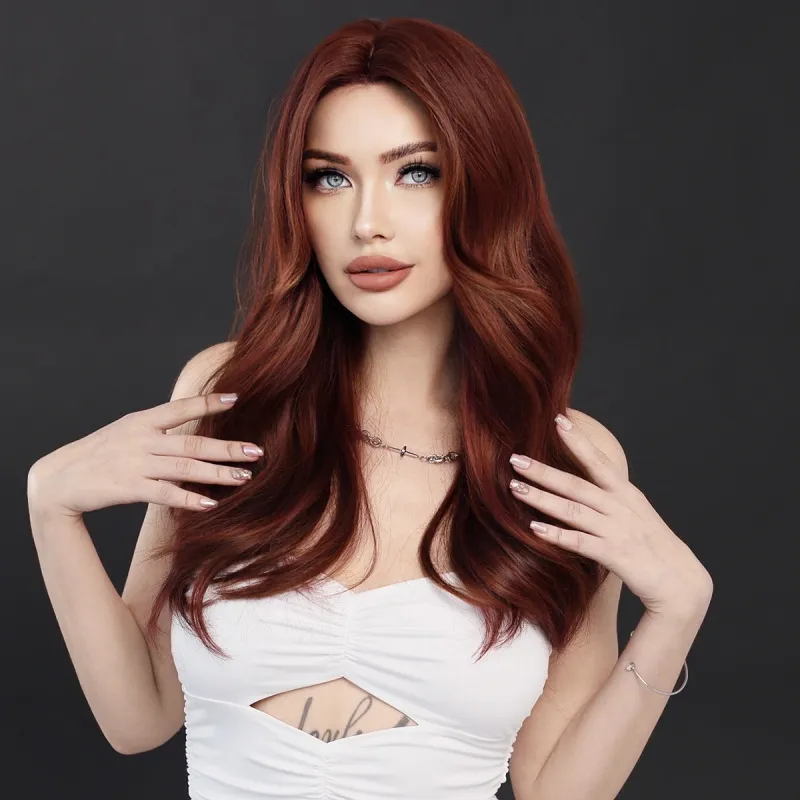 Women's Burgundy Long Curly Hair Wig with Middle Part