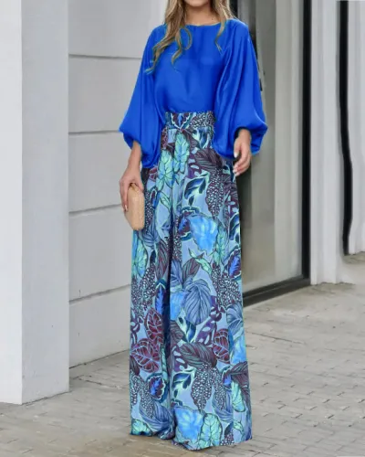 Women Casual Lantern Sleeve Loose Top Printed Wide-Leg Pants Two-Piece Set