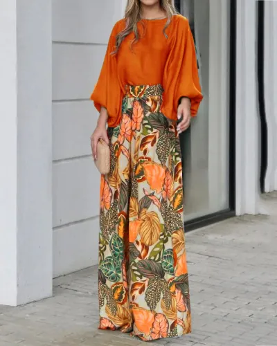 Women Casual Lantern Sleeve Loose Top Printed Wide-Leg Pants Two-Piece Set