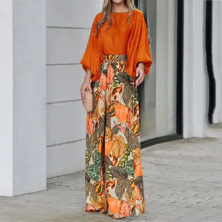 Women Casual Lantern Sleeve Loose Top Printed Wide-Leg Pants Two-Piece Set