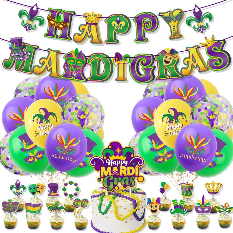 Mardi Gras Party Decor Flag Cake Balloon 38pcs/Set