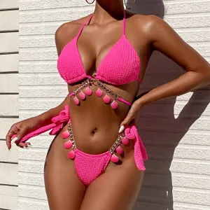 Women Sexy Halter Neck Bikini Swimsuit Set with Shell Strap