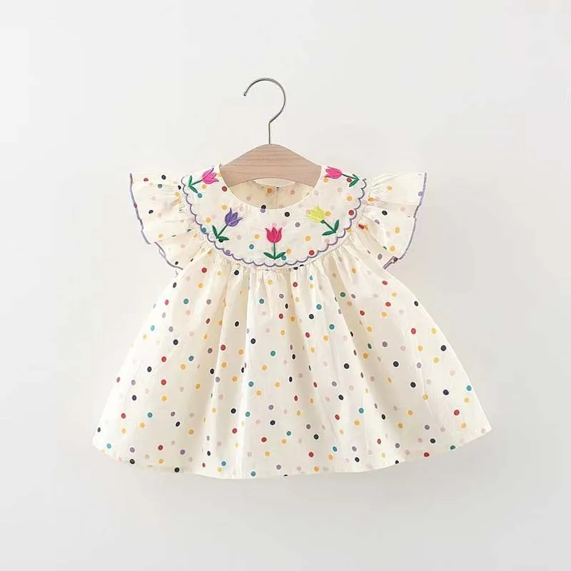 Kids Baby Girls Cute Sweet Casual Embroidery Floral Polka Dot Sleeveless Round Neck Dress - Cotton College Princess Dress