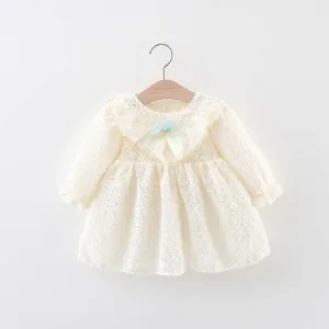 Kids Toddler Girls Cute Sweet Casual Long Sleeve Round Neck Hollow Cotton Princess Dress