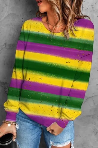Mardi Gras Women Mask Hat Graphic Print Crewneck Long Sleeve Sweatshirt