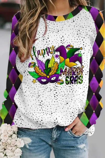 Mardi Gras Women Mask Hat Graphic Print Crewneck Long Sleeve Sweatshirt