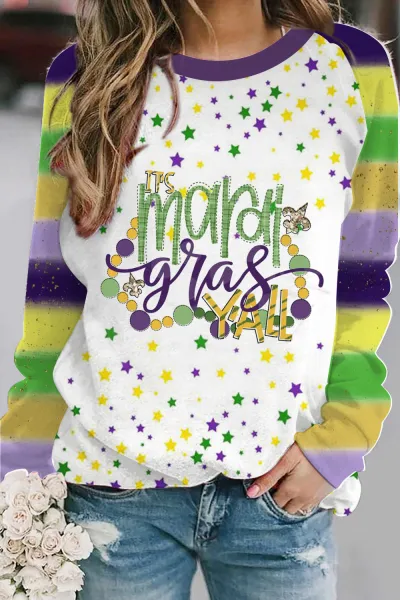 Mardi Gras Women Mask Hat Graphic Print Crewneck Long Sleeve Sweatshirt