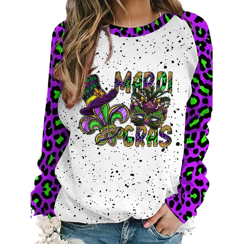 Mardi Gras Women Mask Hat Graphic Print Crewneck Long Sleeve Sweatshirt
