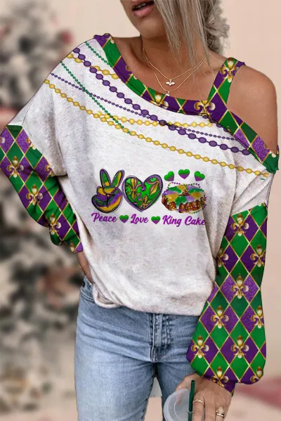 Mardi Gras Women Yellow Green Purple Tricolor Letter Mask Print Shoulder Long Sleeve Sweatshirt