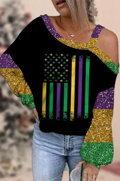 Mardi Gras Women Yellow Green Purple Tricolor Letter Mask Print Shoulder Long Sleeve Sweatshirt