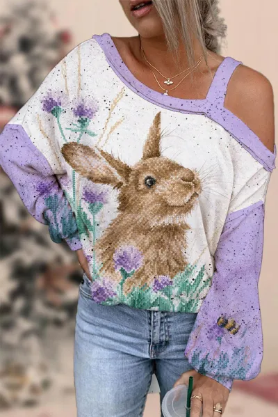 Mardi Gras Women Yellow Green Purple Tricolor Letter Mask Print Shoulder Long Sleeve Sweatshirt