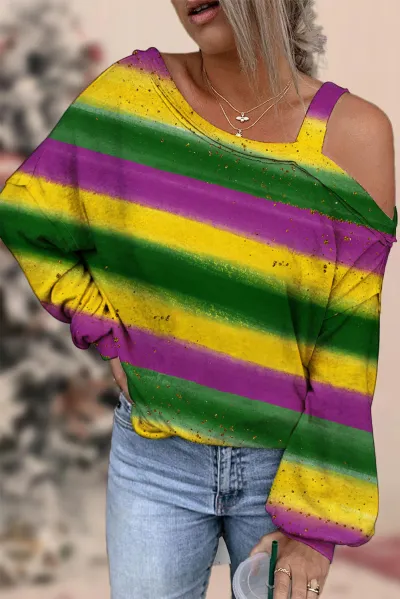 Mardi Gras Women Yellow Green Purple Tricolor Letter Mask Print Shoulder Long Sleeve Sweatshirt