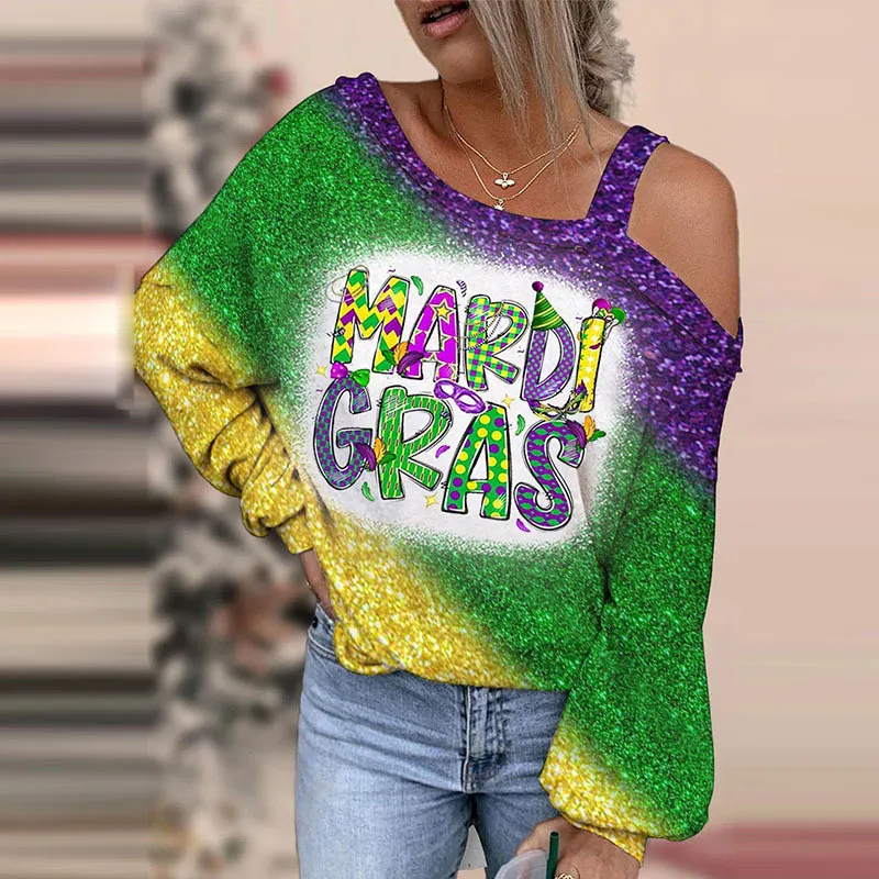 Mardi Gras Women Yellow Green Purple Tricolor Letter Mask Print Shoulder Long Sleeve Sweatshirt