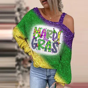 Mardi Gras Women Yellow Green Purple Tricolor Letter Mask Print Shoulder Long Sleeve Sweatshirt