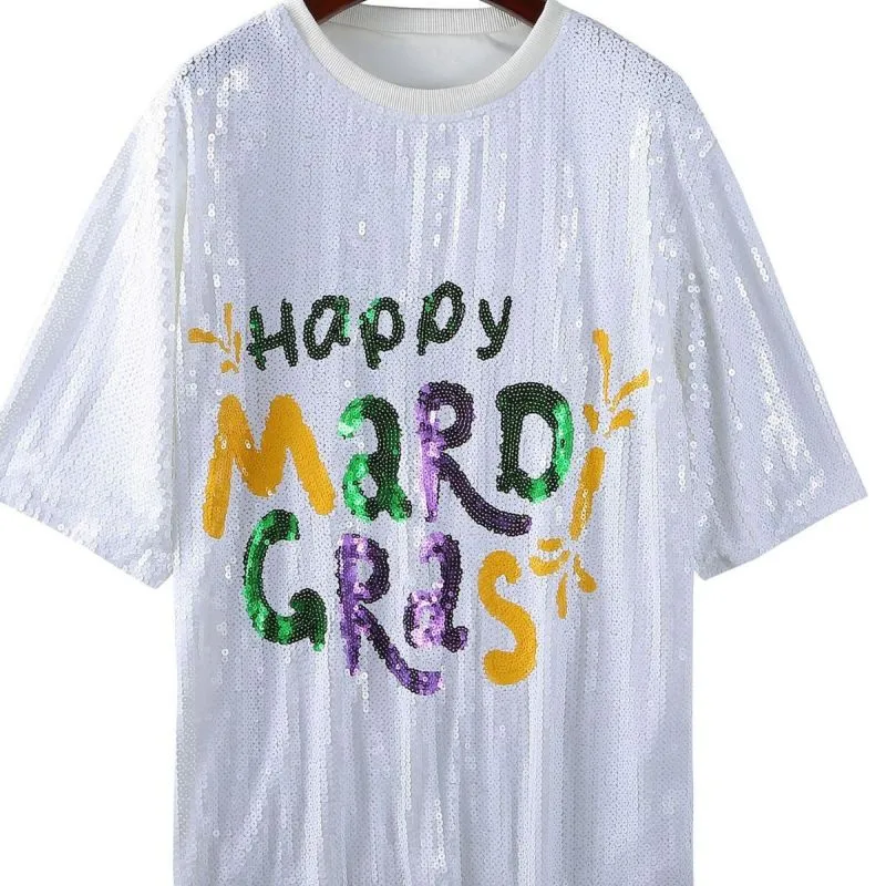 Fashion Women Mardi Gras Letter Sequin Short Sleeve T-Shirt Street Hipster Polyester Crewneck