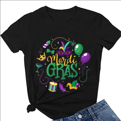 Casual Women New Orleans Mardi Gras Nightcap Alphabet Letter Print T-Shirt