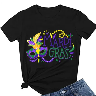 Casual Women New Orleans Mardi Gras Nightcap Alphabet Letter Print T-Shirt