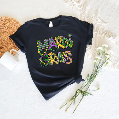 Casual Women New Orleans Mardi Gras Nightcap Alphabet Letter Print T-Shirt