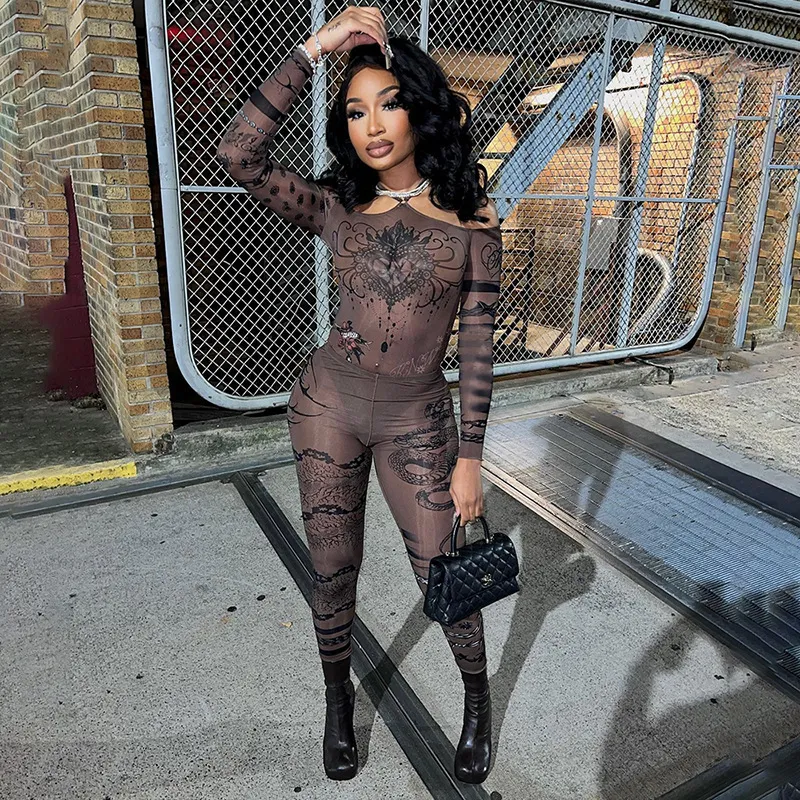 Women Fashion Sexy Mesh Printed Long Sleeve Bodysuit Tight Pants Two-Piece Set