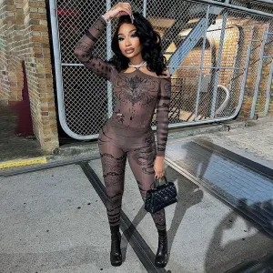 Women Fashion Sexy Mesh Printed Long Sleeve Bodysuit Tight Pants Two-Piece Set